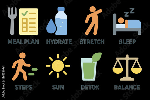 Healthy lifestyle icons: meal plan, hydrate, stretch, sleep, steps, sun, detox, balance