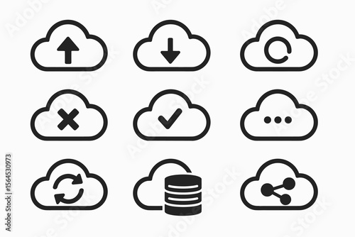 Cloud computing icons: upload, download, sync, database, share symbols