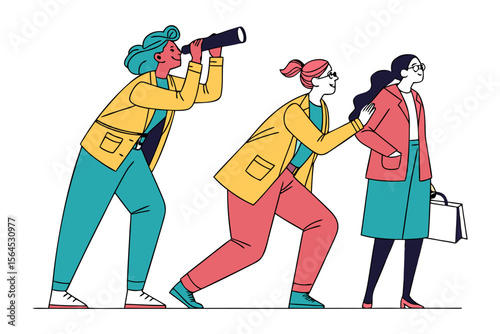 Diverse women in business attire collaborate and look towards the future with a telescope and supportive gestures