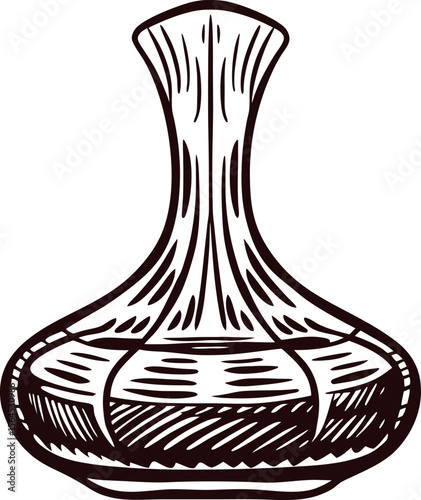 Hand drawn antique glass decanter isolated on white vintage engraved line art illustration with flared neck