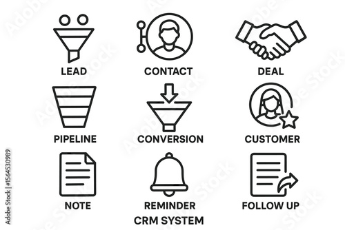 Lead generation icons: contact, deal, conversion, crm system, pipeline, customer