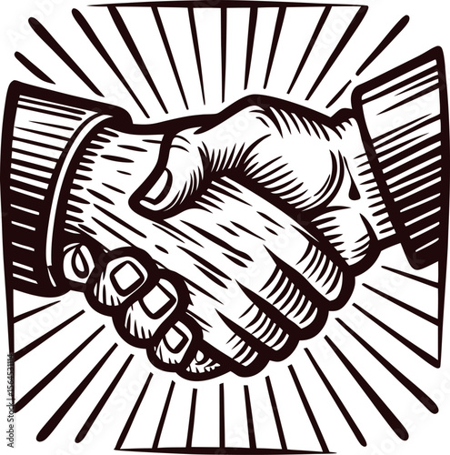 Vintage engraving handshake close up with sunburst rays, retro agreement icon, illustrated business deal handshake image