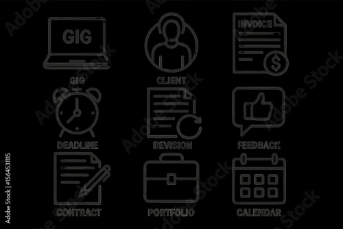 Freelance work icons: gig, client, invoice, deadline, revision, feedback, contract, portfolio, calendar