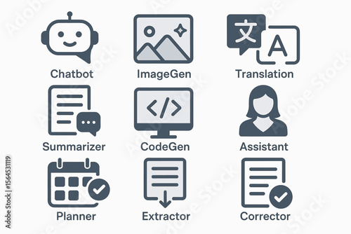 Ai tools icons: chatbot, imagegen, translation, summarizer, codegen, assistant, planner, extractor, corrector