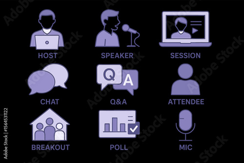 Virtual event icons: host, speaker, chat, q&a, poll, session