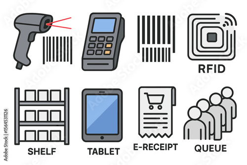 Retail technology icons: barcode scanner, payment terminal, rfid, tablet, e-receipt, queue