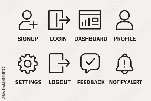 User interface icons for signup, login, dashboard, profile, settings, logout, feedback, alert
