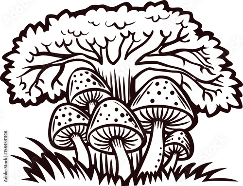 Black and white engraving of wild mushrooms growing under a large tree with grass and detailed vintage illustration