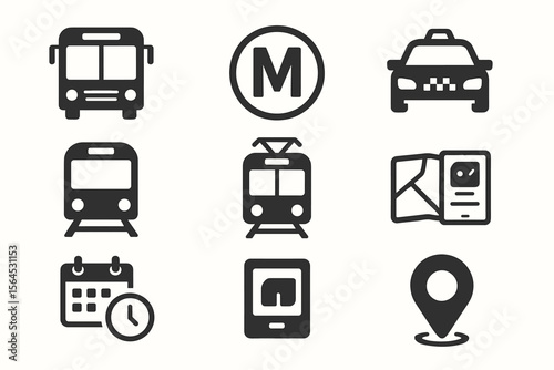Transportation icons set: bus, train, metro, taxi, map, calendar, ticket, location pin