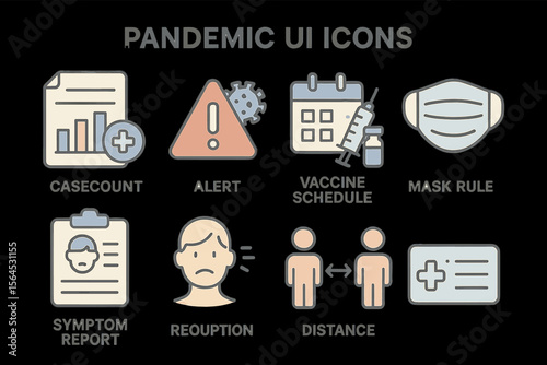 Pandemic ui icons: case count, alert, vaccine schedule, mask rule, symptom report