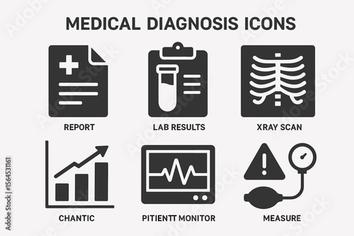 Medical diagnosis icons: lab results, x-ray scan, report, patient monitor, chart, measure