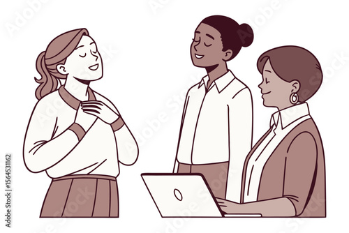 Diverse team members collaborate and share positive feedback during a work meeting with a laptop present