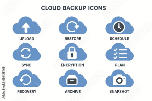 Cloud backup icons for upload, restore, schedule, sync, encryption, plan, recovery, archive, snapshot