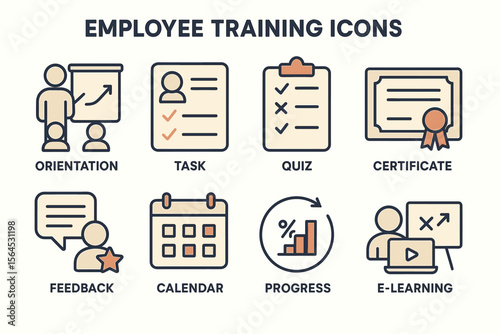Employee training icons: orientation, task, quiz, certificate, feedback, calendar, progress, e-learning