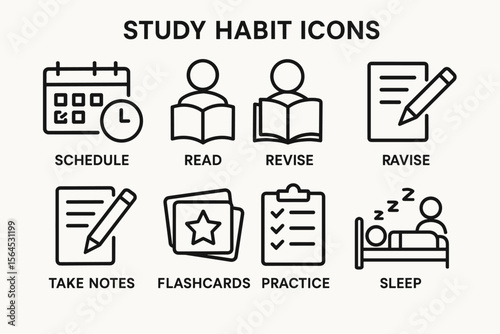 Study habit icons: schedule, read, revise, take notes, flashcards, practice, sleep