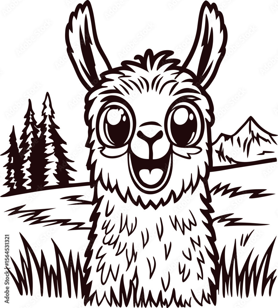 Obraz premium Smiling llama character in hand drawn doodle with mountains and pine trees in background
