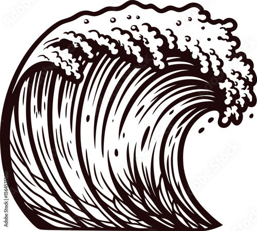 Detailed hand drawn ocean wave illustration with curling crest and dynamic water lines isolated on white background