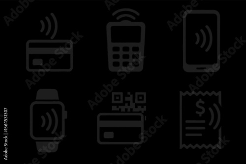 Contactless payment icons: card, smartphone, wearable technology, and receipt