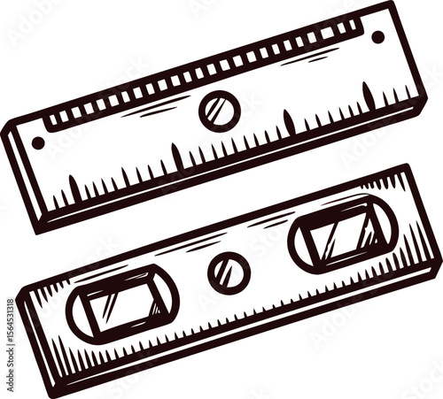 Hand drawn vintage set of ruler and spirit level isolated on white background illustration