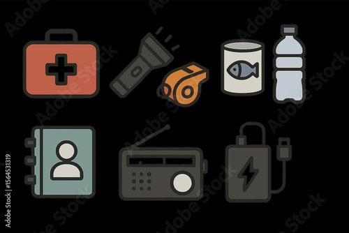 Emergency kit essentials with flashlight, whistle, first aid, and radio icons