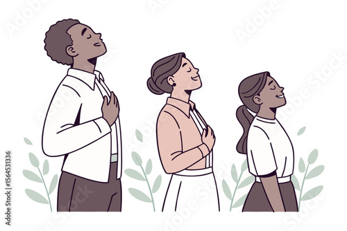 Diverse individuals in profile with closed eyes and hands on chests embodying a sense of peace gratitude and shared positive emotion