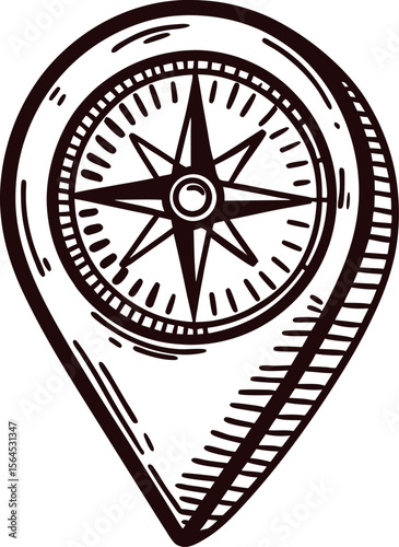 Hand drawn map pointer with compass rose symbol in vintage sketch on white background