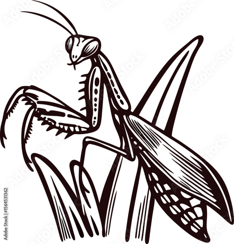 Detailed hand drawn praying mantis perched on grass vintage insect illustration in black and white line art