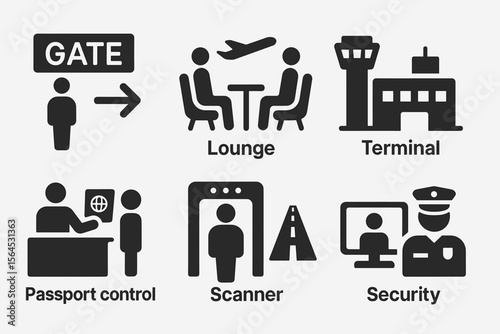 Airport icons: gate, lounge, terminal, passport control, scanner, security