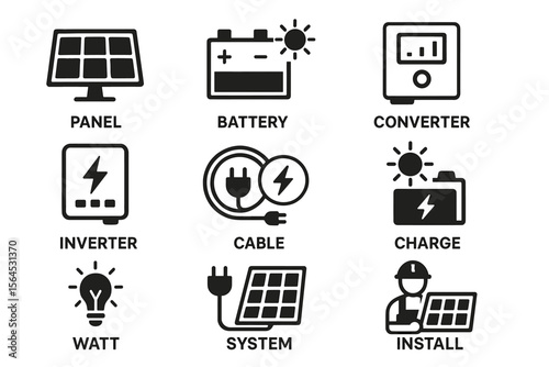 Solar energy icons: panel, battery, converter, inverter, cable, charge, watt, system, install