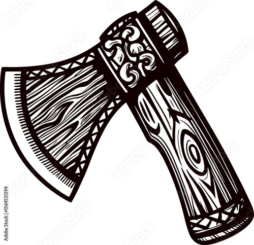 Hand drawn ornate woodcutter axe with decorative handle and etched blade in vintage engraved