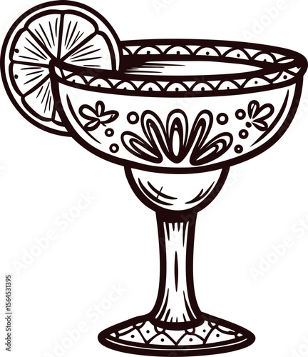 Hand drawn margarita glass with lime garnish detailed vintage etching in black and white illustration