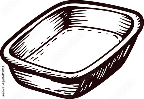 Hand drawn rectangular baking dish in vintage engraved illustration, isolated on white background
