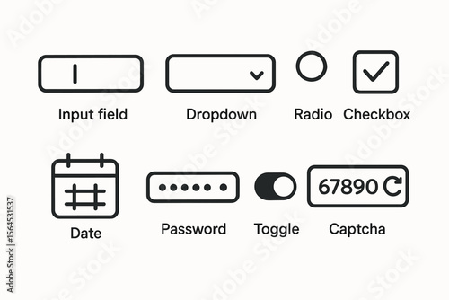 Ui elements: input field, dropdown, radio button, checkbox, date, password, toggle, captcha