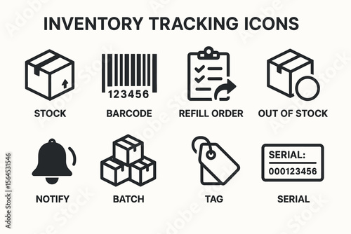 Inventory tracking icons: barcode, stock, refill order, out of stock, notify, batch, tag, serial