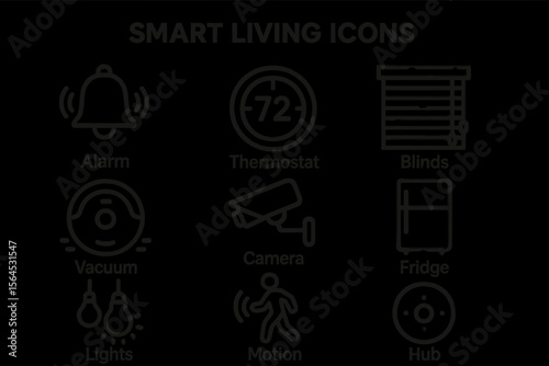 Smart living icons for home automation: alarm, thermostat, blinds, vacuum, camera, fridge, lights, motion, hub