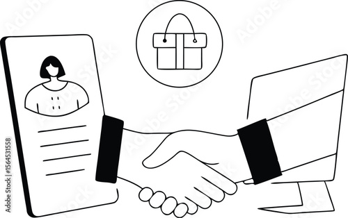 Business Handshake Illustration – Online Job Interview & Recruitment Vector