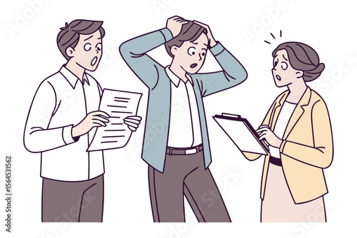 Three shocked business people reacting to bad news or a mistake while looking at documents and a clipboard