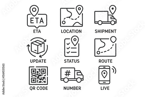 Delivery and logistics icons: eta, location, shipment, update, status, route, qr code, number, live