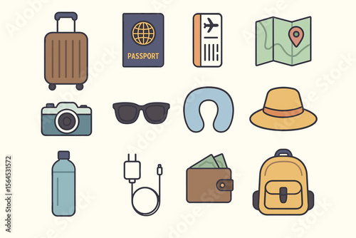 Travel essentials icons: passport, suitcase, map, camera, backpack, and more