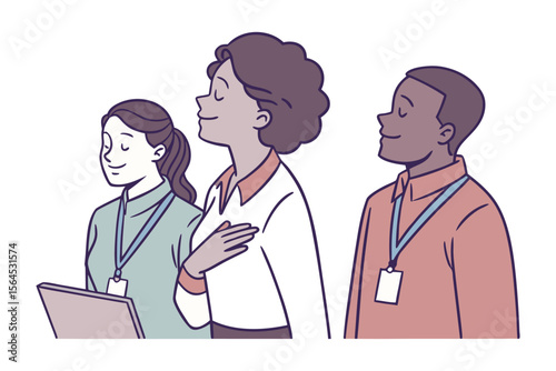 Diverse group of professionals with closed eyes and smiles embodying pride reflection and contentment in a collaborative setting