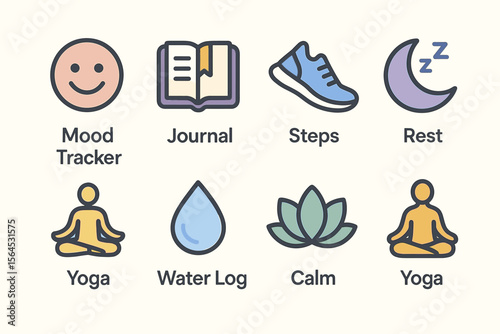 Illustrated icons of mood tracker journal steps rest yoga water log and calm meditation
