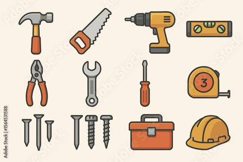 Collection of construction tools including hammer, drill, toolbox, and hard hat