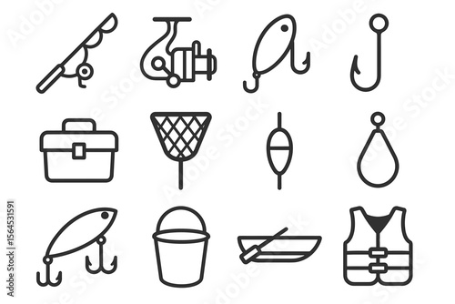 Fishing equipment icons: rod, reel, lure, hook, toolbox, net, bobber, weights, boat, vest