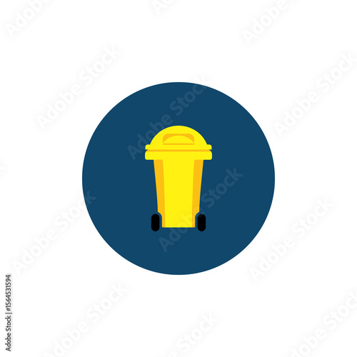 A yellow wheelie bin icon on a dark blue circular background.