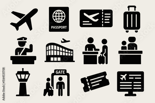 Airport travel icons: passport, boarding, security, ticket, gate process