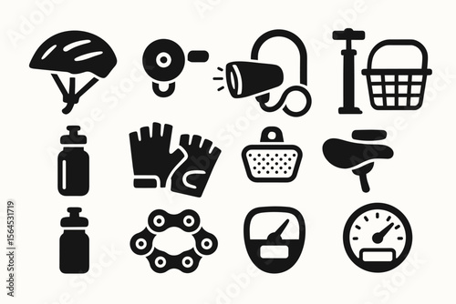 Cycling gear icons: helmet, lock, lights, bottle, gloves, basket, saddle, gauge, pump, chain