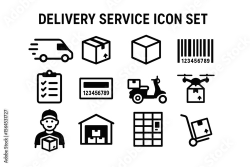 Delivery service icons: van, drone, warehouse, barcode, package, trolley