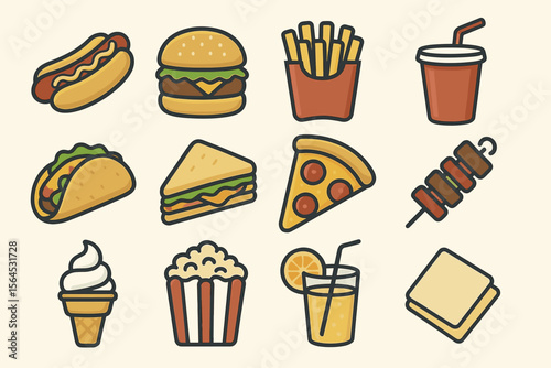 Collection of popular fast food icons: hot dog, burger, fries, soda, pizza, taco, ice cream, popcorn