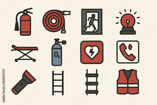 Essential emergency equipment icons set: fire safety, medical response, emergency communication