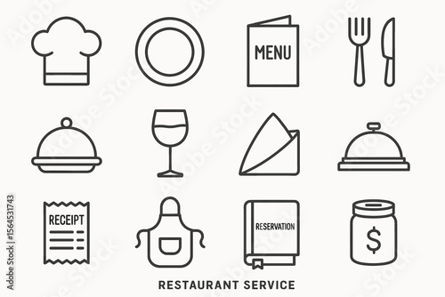 Restaurant service icons: chef hat, menu, wine glass, reservation, cutlery, receipt, apron